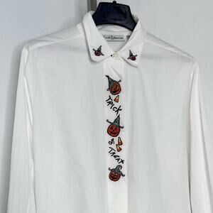 Vintage Halloween Trick or Treat Button Up Shirt White Womens 14